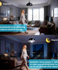 Six Pack Motion Sensor LED Light Bulbs Auto On Night Light With Ultra Sensitive Detection 30 To 45 Second Timed Glow Energy Efficient Motion Detector Bulbs For Hallways Closets Stairwells Entryways showing day and night use