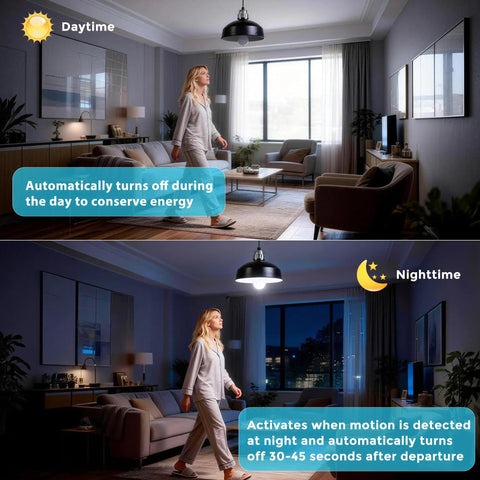 Six Pack Motion Sensor LED Light Bulbs Auto On Night Light With Ultra Sensitive Detection 30 To 45 Second Timed Glow Energy Efficient Motion Detector Bulbs For Hallways Closets Stairwells Entryways showing day and night use