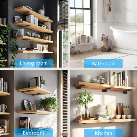 Mounted wood shelves supported by Hidden Black Metal L Shelf Brackets Set 10 Inch Thick One Fifth Inch for various room setups.