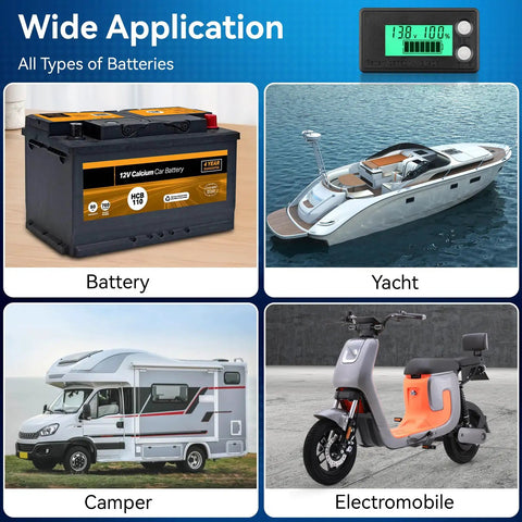 Waterproof Battery Monitor For 12V To 72V Systems With LCD Display And Green Backlight Voltage And Capacity Tester for diverse vehicles including battery, yacht, camper, and electromobile.