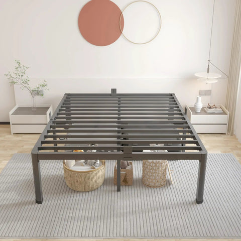 Heavy Duty King Bed Frame Built Like A Tank With 3500 Pound Capacity view showing slatted steel support and storage space underneath.
