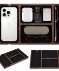 Acacia Wood Leather Valet Tray With Charging Port Multi Space Desk Organizer for organizing phone, keys, and accessories