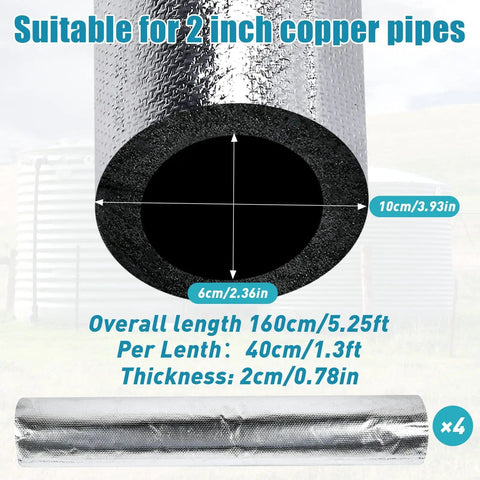 Diagram of insulated pipe foam tubes with dimensions and text: 2 inch copper pipes, 40 cm length, 20 mm thick, four pack