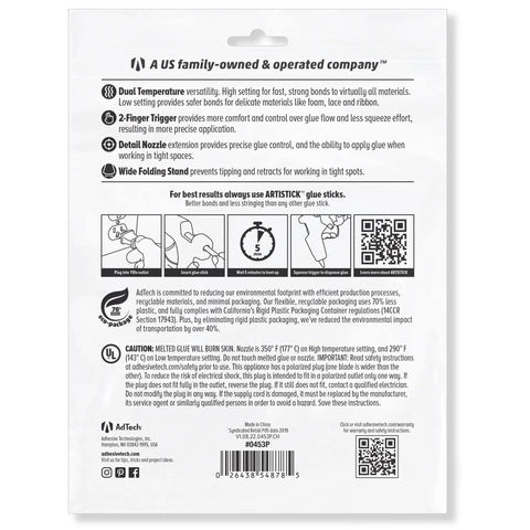 Back packaging details of Two Temp Dual Temperature Hot Glue Gun, features and instructions visible on package.