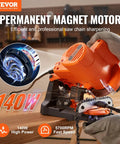 Electric Chainsaw Sharpener With 140W Motor 5700 RPM Professional Bench Sharpening Tool Includes Three Grinding Wheels For 0.25 To 0.404 Inch Pitch Chains shown in promotional setting.