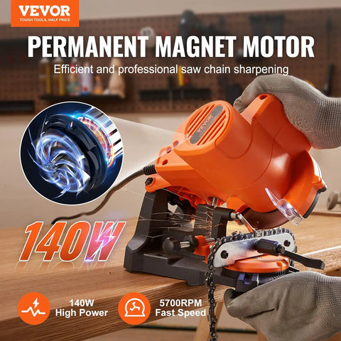 Electric Chainsaw Sharpener With 140W Motor 5700 RPM Professional Bench Sharpening Tool Includes Three Grinding Wheels For 0.25 To 0.404 Inch Pitch Chains shown in promotional setting.