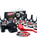 Big Twin 20W50 Power Pack Oil Kit With KN High Performance Filter, oils, funnel, cleaner, and hat displayed