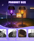Two solar-powered bug zapper lamps in garden, showcasing purple and flame light with bronze finish, 4 pack solar mosquito zappers outdoor waterproof bug zapper light for garden and yard solar powered insect killer lamp with purple and flame light and bronze finish.
