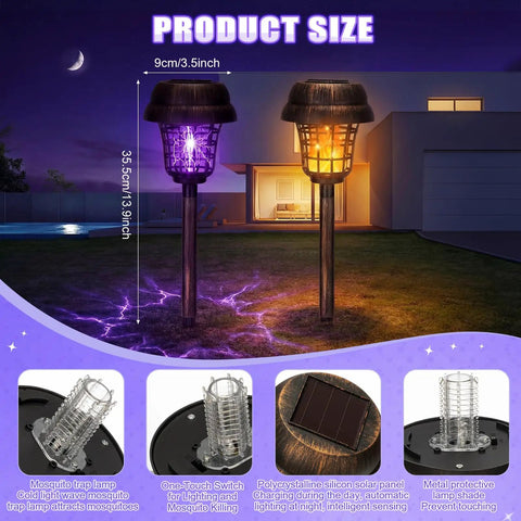 Two solar-powered bug zapper lamps in garden, showcasing purple and flame light with bronze finish, 4 pack solar mosquito zappers outdoor waterproof bug zapper light for garden and yard solar powered insect killer lamp with purple and flame light and bronze finish.