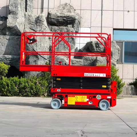 Straight Up Compact Scissor Lift Table Heavy Duty Mobile Material Hoist in red with swivel wheels for workshop use.