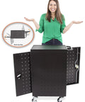 Four Pack Compact Mobile Charging Cart Bundle For Chromebooks Laptops And Tablets with locking cabinet and wheels.