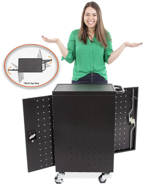 Four Pack Compact Mobile Charging Cart Bundle For Chromebooks Laptops And Tablets with locking cabinet and wheels.