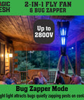 2 In 1 Fly Fan And Mosquito Zapper For Indoor Or Outdoor Use, Rechargeable Electric Pest Swatter And Trap Tool, hanging on patio
