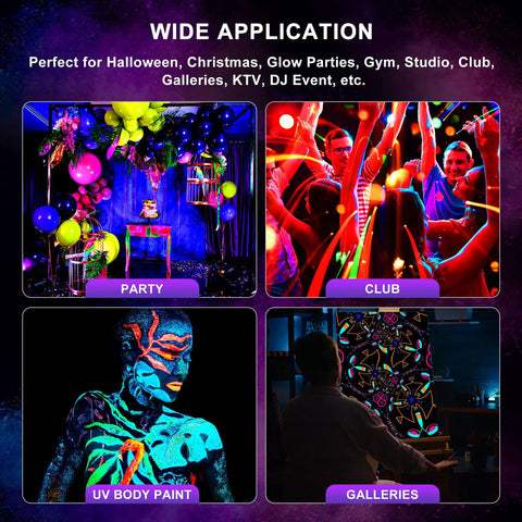 Collage showcasing Two Pack Super Bright 54W UV Black Lights with Remote 18 Real LED Blacklight Bars Glow Up Your Parties