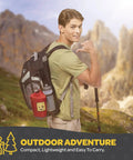 Person hiking with backpack in mountain landscape, representing outdoor adventure.