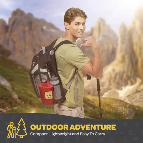 Person hiking with backpack in mountain landscape, representing outdoor adventure.