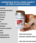 Hand holding Hard Setting Permanent Thread Sealant With Fast Dry Red Varnish For PVC Metal Rubber Wood And More Heavy Duty Leak Proof Seal In A Brush In Cap Applicator BT04 One Quarter Pint Can