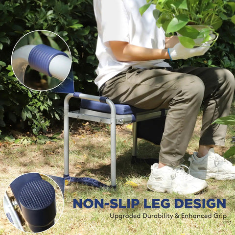 Foldable Garden Kneeler And Seat 2 In 1 Heavy Duty Bench With 10 Inch Wide Detachable Kneeling Pad Portable Garden Stool with person seated