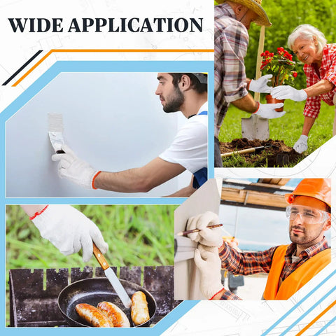 Various uses of 100 Pairs Cotton Liner Gloves For Work And BBQ Roping, Non Slip White Safety Hand Protection, Washable Reusable Lightweight Polyester Liners, Ideal For Construction, Cold Weather, DIY Projects, showing painting, gardening, cooking, and construction.