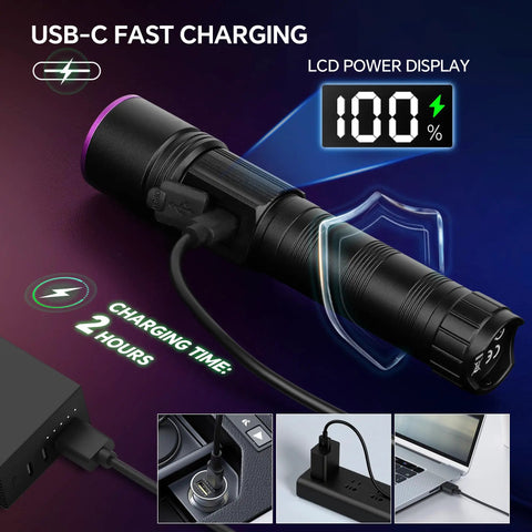 365Nm UV Black Light Flashlight With LCD Display Rechargeable 30W showing USB-C charging and power display at 100%