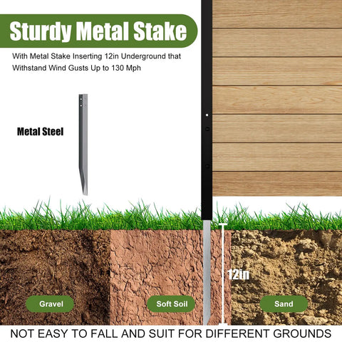 Diagram of No Dig Wood Privacy Fence Panels 3 Panel 38W X 42H with 12-inch underground metal stake for stability on various grounds.