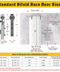 Image showing standard sizes for Premium Three Panel Bifold Barn Door With Heavy Duty Sliding Hardware Set and measurements.
