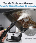 Get Ready For A Sparkling Clean With This Volcm Steam Cleaner used to clean a greasy kitchen hood, showing before and after results.