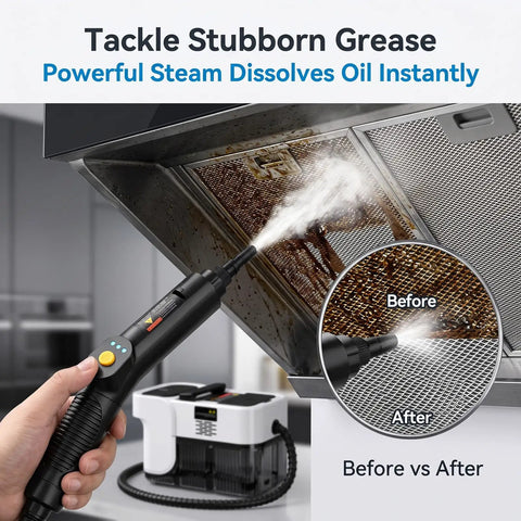 Get Ready For A Sparkling Clean With This Volcm Steam Cleaner used to clean a greasy kitchen hood, showing before and after results.