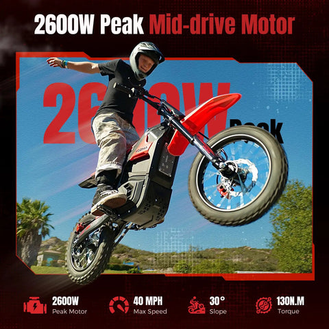 Rider jumping on an Off Road Electric Dirt Bike For Teens And Adults With A 2600W Peak Motor in action shot.