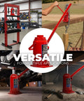 32 Ton Hydraulic Bottle Jack Low Profile Auto Shop Lift For Cars Trucks RVs Buses Red Heavy Duty All Steel Construction Safe Quick Lift Durable High Capacity Automotive Jack in use in various applications