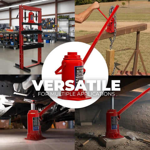 32 Ton Hydraulic Bottle Jack Low Profile Auto Shop Lift For Cars Trucks RVs Buses Red Heavy Duty All Steel Construction Safe Quick Lift Durable High Capacity Automotive Jack in use in various applications