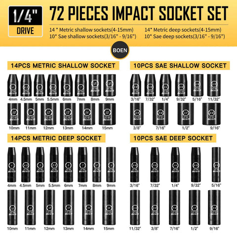 Heavy Duty Workhorse 72 Piece Quarter Inch Drive Impact Socket Set With Standard SAE And Metric Sizes 3/16 To 9/16 Inches And 4 To 15 Mm Includes Swivel Socket Extension Bar Universal Joint And Adapter Made From CrMo Steel, 1/4 drive impact sockets