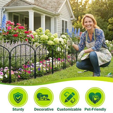 Woman setting up No Dig Garden Fence Panels, 24 Inch High By 13 Inch Wide, 10 Pack Rustproof Metal Wire Border Fence For Dogs And Small Animals