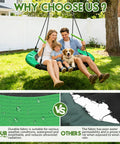 Family enjoying spacious 48 inch saucer swing for backyards and trees, black and dark green, sturdy steel frame, foam pipe cover.