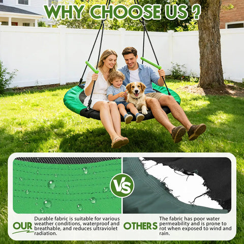 Family enjoying spacious 48 inch saucer swing for backyards and trees, black and dark green, sturdy steel frame, foam pipe cover.