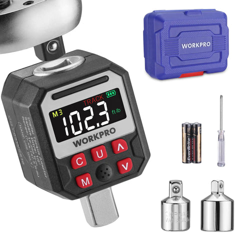Digital Torque Adapter For Half Inch Drive With Buzzer Alert Turns Your Ratchet Into An Electronic Torque Wrench Range 7.38 To 147.5 Ft Lb 10 To 200 Nm Includes Quarter And Three Eighths Inch Adapters Gearhead Friendly. Black digital torque adapter on ratchet with case and accessories