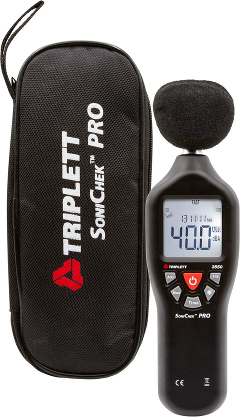 SoniChek PRO Professional Decibel Meter For Accurate AC Weighted Sound Readouts, 30 To 130 dB Range, 31.5 Hz To 8 kHz Frequency, IEC651 Type 2 ANSI S1.4 Type 2 Compliance, Fast And Slow Responses, Analog Output, Bar Graph, Max Hold. with carrying case and foam windscreen