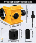 Door Lock Installation Kit With No Drill C Clamp for Damage Free Install showing jig, hole saws, bushings, drill bit, measurements