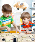 Children assembling 6-In-1 Solar Powered STEM Building Kit For Kids: Wooden DIY Construction Set with visible wooden parts and solar panel.