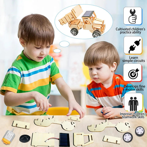 Children assembling 6-In-1 Solar Powered STEM Building Kit For Kids: Wooden DIY Construction Set with visible wooden parts and solar panel.