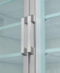 Heavy Duty Triple Glass Door Upright Freezer Merchandiser In Crisp White 52 Cubic Feet Commercial Display Cooler close-up of door handles.