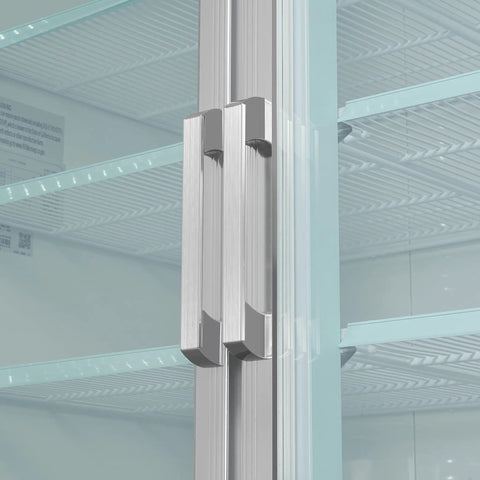 Heavy Duty Triple Glass Door Upright Freezer Merchandiser In Crisp White 52 Cubic Feet Commercial Display Cooler close-up of door handles.