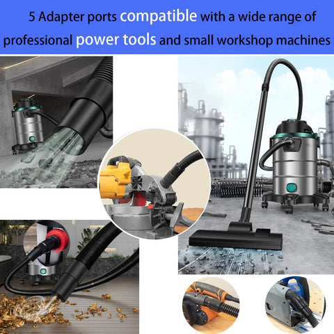 12 Foot Dust Collection Hose Kit For Woodworking Tools With Flexible Hoses, Five Fittings And Rubber Adapters shown in use with tools