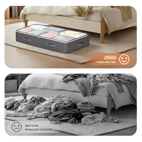 Heavy Duty Foldable Under Bed Storage Bins, 95 Liter Capacity Set Of Four, Breathable Non Woven Fabric Closet Organizers To Keep Your Space Tight And Clutter Free, Grey