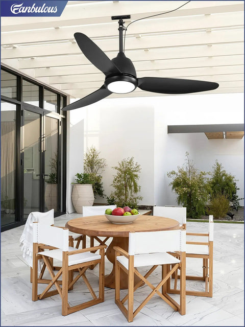 Outdoor Ceiling Fan With Light IP65 Waterproof Wet Rated for Patio Gazebo, black, above table and chairs, sunlight view.