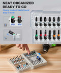 Front view of a 40-piece impact driver bit set in a clear storage case with color-coded tips.