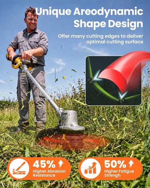 Man using a trimmer with 15 Pack Trimmer Spool Line Replacement For Weed Eater String Trimmers 0.065 Inch Refills Fits WG Series Models 12 Spools And 3 Caps Easy Install Durable Performance For Fast Lawn Edging; insert highlights abrasion resistance and fatigue strength.