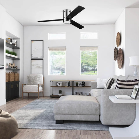 Living room with Espy Ceiling Fan With 52 Inch Blade Span In Gun Metal, Modern Contemporary Design, Integrated LED Light