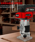 Slick Cordless Palm Router With Fast Brushless Motor And Complete 15 Pc Quarter Inch Shank Bit Kit For Flawless Wood Trimming And Easy Custom Slotting Jobs and variable speed features.