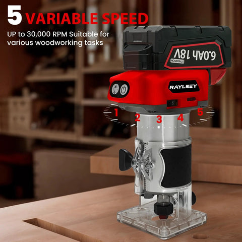 Slick Cordless Palm Router With Fast Brushless Motor And Complete 15 Pc Quarter Inch Shank Bit Kit For Flawless Wood Trimming And Easy Custom Slotting Jobs and variable speed features.